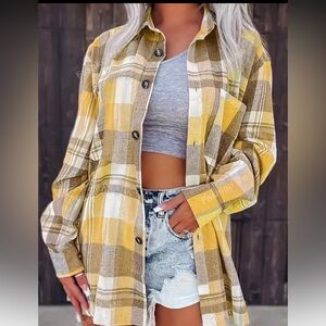 Free People Yellow Plaid Button Up Shirt Jacket Shacket